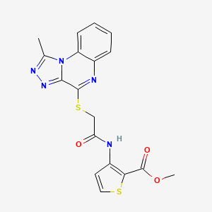 molecular formula C18H15N5O3S2 B2469275 Methyl 3-({[(1-methyl[1,2,4]triazolo[4,3-a]quinoxalin-4-yl)thio]acetyl}amino)thiophene-2-carboxylate CAS No. 1358377-17-9