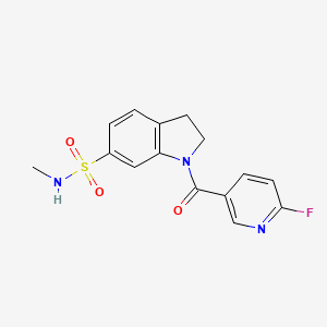 molecular formula C15H14FN3O3S B2469292 1-(6-Fluoropyridine-3-carbonyl)-N-methyl-2,3-dihydroindole-6-sulfonamide CAS No. 2411237-99-3
