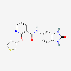 molecular formula C17H16N4O3S B2469318 N-(2-oxo-2,3-dihydro-1H-benzo[d]imidazol-5-yl)-2-((tetrahydrothiophen-3-yl)oxy)nicotinamide CAS No. 2034470-88-5