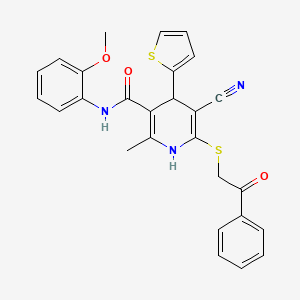 molecular formula C27H23N3O3S2 B2469326 5-cyano-N-(2-methoxyphenyl)-2-methyl-6-[(2-oxo-2-phenylethyl)sulfanyl]-4-(thiophen-2-yl)-1,4-dihydropyridine-3-carboxamide CAS No. 207003-83-6