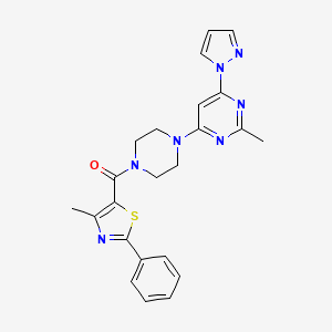 molecular formula C23H23N7OS B2469328 (4-methyl-2-phenylthiazol-5-yl)(4-(2-methyl-6-(1H-pyrazol-1-yl)pyrimidin-4-yl)piperazin-1-yl)methanone CAS No. 1172536-50-3