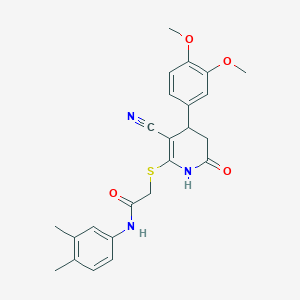 molecular formula C24H25N3O4S B2469383 2-{[3-cyano-4-(3,4-dimethoxyphenyl)-6-hydroxy-4,5-dihydropyridin-2-yl]sulfanyl}-N-(3,4-dimethylphenyl)acetamide CAS No. 370843-90-6