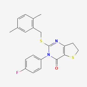 molecular formula C21H19FN2OS2 B2469387 2-[(2,5-Dimethylphenyl)methylsulfanyl]-3-(4-fluorophenyl)-6,7-dihydrothieno[3,2-d]pyrimidin-4-one CAS No. 687562-26-1