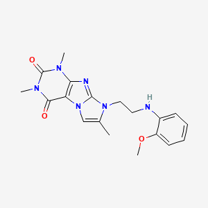 molecular formula C19H22N6O3 B2469390 8-(2-((2-methoxyphenyl)amino)ethyl)-1,3,7-trimethyl-1H-imidazo[2,1-f]purine-2,4(3H,8H)-dione CAS No. 923129-11-7
