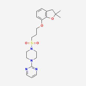 molecular formula C21H28N4O4S B2469401 2-(4-((3-((2,2-Dimethyl-2,3-dihydrobenzofuran-7-yl)oxy)propyl)sulfonyl)piperazin-1-yl)pyrimidine CAS No. 946237-54-3