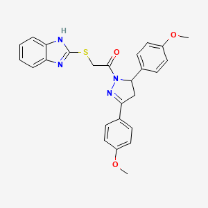 molecular formula C26H24N4O3S B2469434 2-(1H-benzimidazol-2-ylsulfanyl)-1-[3,5-bis(4-methoxyphenyl)-3,4-dihydropyrazol-2-yl]ethanone CAS No. 403837-62-7