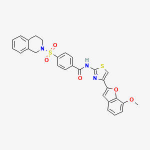 molecular formula C28H23N3O5S2 B2469463 4-((3,4-dihydroisoquinolin-2(1H)-yl)sulfonyl)-N-(4-(7-methoxybenzofuran-2-yl)thiazol-2-yl)benzamide CAS No. 921566-80-5