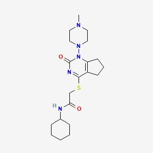 molecular formula C20H31N5O2S B2469478 N-cyclohexyl-2-((1-(4-methylpiperazin-1-yl)-2-oxo-2,5,6,7-tetrahydro-1H-cyclopenta[d]pyrimidin-4-yl)thio)acetamide CAS No. 899755-67-0