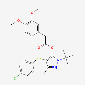 1-(tert-butyl)-4-((4-chlorophenyl)thio)-3-methyl-1H-pyrazol-5-yl 2-(3,4-dimethoxyphenyl)acetate