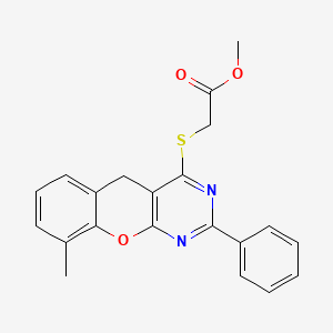 molecular formula C21H18N2O3S B2469512 methyl [(9-methyl-2-phenyl-5H-chromeno[2,3-d]pyrimidin-4-yl)thio]acetate CAS No. 866871-00-3