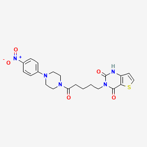 molecular formula C21H23N5O5S B2469519 3-(5-(4-(4-nitrophenyl)piperazin-1-yl)-5-oxopentyl)thieno[3,2-d]pyrimidine-2,4(1H,3H)-dione CAS No. 866344-84-5