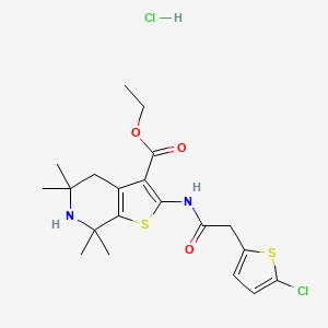 molecular formula C20H26Cl2N2O3S2 B2469545 Ethyl 2-(2-(5-chlorothiophen-2-yl)acetamido)-5,5,7,7-tetramethyl-4,5,6,7-tetrahydrothieno[2,3-c]pyridine-3-carboxylate hydrochloride CAS No. 1330016-46-0