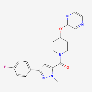 molecular formula C20H20FN5O2 B2469552 (3-(4-氟苯基)-1-甲基-1H-吡唑-5-基)(4-(吡嗪-2-基氧基)哌啶-1-基)甲酮 CAS No. 1448124-67-1