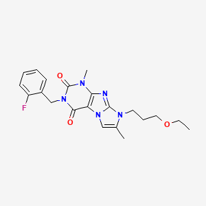 molecular formula C21H24FN5O3 B2469563 6-(3-Ethoxypropyl)-2-[(2-fluorophenyl)methyl]-4,7-dimethylpurino[7,8-a]imidazole-1,3-dione CAS No. 878422-25-4