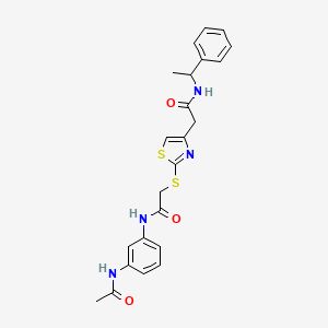 molecular formula C23H24N4O3S2 B2469578 N-(3-acetamidophenyl)-2-((4-(2-oxo-2-((1-phenylethyl)amino)ethyl)thiazol-2-yl)thio)acetamide CAS No. 954094-60-1