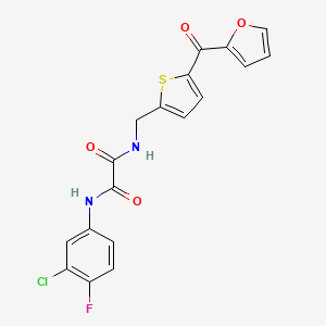 molecular formula C18H12ClFN2O4S B2469586 N1-(3-chloro-4-fluorophenyl)-N2-((5-(furan-2-carbonyl)thiophen-2-yl)methyl)oxalamide CAS No. 1795302-87-2