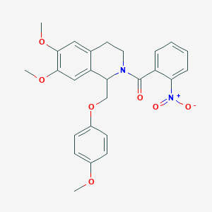 molecular formula C26H26N2O7 B2469599 (6,7-dimethoxy-1-((4-methoxyphenoxy)methyl)-3,4-dihydroisoquinolin-2(1H)-yl)(2-nitrophenyl)methanone CAS No. 449764-80-1