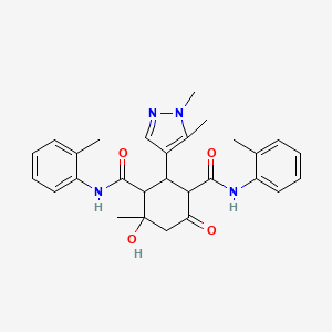 molecular formula C28H32N4O4 B2469742 2-(1,5-dimethyl-1H-pyrazol-4-yl)-4-hydroxy-4-methyl-N,N'-bis(2-methylphenyl)-6-oxocyclohexane-1,3-dicarboxamide CAS No. 1024218-30-1