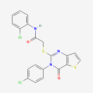 molecular formula C20H13Cl2N3O2S2 B2469753 N-(2-氯苯基)-2-{[3-(4-氯苯基)-4-氧代-3,4-二氢噻吩并[3,2-d]嘧啶-2-基]硫代}乙酰胺 CAS No. 1261013-61-9
