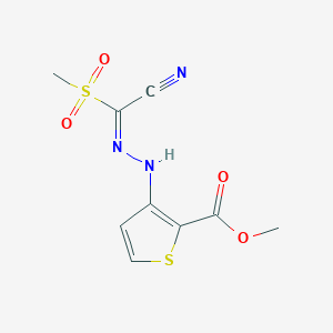 molecular formula C9H9N3O4S2 B2469772 methyl 3-[(2E)-2-[cyano(methylsulfonyl)methylidene]hydrazinyl]thiophene-2-carboxylate CAS No. 882268-69-1