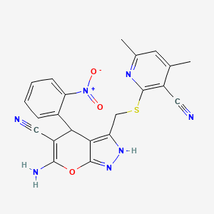 molecular formula C22H17N7O3S B2469780 6-Amino-3-[(3-cyano-4,6-dimethylpyridin-2-yl)sulfanylmethyl]-4-(2-nitrophenyl)-2,4-dihydropyrano[2,3-c]pyrazole-5-carbonitrile CAS No. 328068-41-3