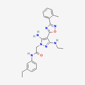 molecular formula C24H27N7O2 B2469788 2-(5-amino-3-(ethylamino)-4-(3-(o-tolyl)-1,2,4-oxadiazol-5-yl)-1H-pyrazol-1-yl)-N-(3-ethylphenyl)acetamide CAS No. 1172938-89-4