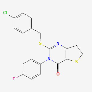 molecular formula C19H14ClFN2OS2 B2469796 2-[(4-Chlorophenyl)methylsulfanyl]-3-(4-fluorophenyl)-6,7-dihydrothieno[3,2-d]pyrimidin-4-one CAS No. 687562-83-0