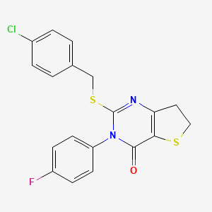 molecular formula C19H14ClFN2OS2 B2469796 2-{[(4-chlorophenyl)methyl]sulfanyl}-3-(4-fluorophenyl)-3H,4H,6H,7H-thieno[3,2-d]pyrimidin-4-one CAS No. 687562-83-0