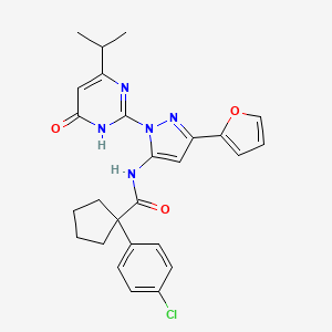molecular formula C26H26ClN5O3 B2469860 1-(4-chlorophenyl)-N-(3-(furan-2-yl)-1-(4-isopropyl-6-oxo-1,6-dihydropyrimidin-2-yl)-1H-pyrazol-5-yl)cyclopentanecarboxamide CAS No. 1207027-55-1