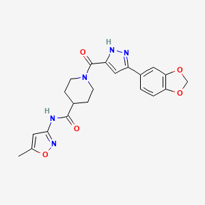 molecular formula C21H21N5O5 B2469870 1-(3-(benzo[d][1,3]dioxol-5-yl)-1H-pyrazole-5-carbonyl)-N-(5-methylisoxazol-3-yl)piperidine-4-carboxamide CAS No. 1296782-48-3