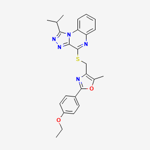 molecular formula C25H25N5O2S B2469874 2-(4-Ethoxyphenyl)-4-(((1-isopropyl-[1,2,4]triazolo[4,3-a]quinoxalin-4-yl)thio)methyl)-5-methyloxazole CAS No. 1031989-05-5