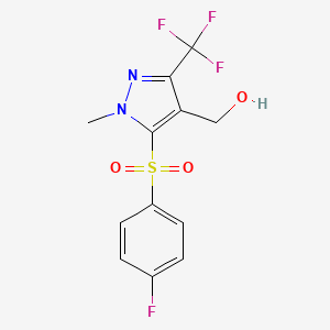 molecular formula C12H10F4N2O3S B2469900 [5-[(4-Fluorophenyl)sulfonyl]-1-methyl-3-(trifluoromethyl)-1H-pyrazol-4-yl]methanol CAS No. 318469-24-8
