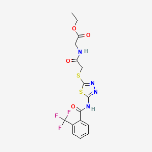 molecular formula C16H15F3N4O4S2 B2469949 2-(2-((5-(2-(三氟甲基)苯甲酰胺)-1,3,4-噻二唑-2-基)硫代)乙酰氨基)乙酸乙酯 CAS No. 893333-09-0