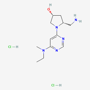 molecular formula C12H23Cl2N5O B2470015 (3R,5R)-5-(Aminomethyl)-1-[6-[ethyl(methyl)amino]pyrimidin-4-yl]pyrrolidin-3-ol;dihydrochloride CAS No. 2378490-34-5