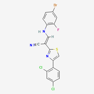 molecular formula C18H9BrCl2FN3S B2470028 (E)-3-((4-溴-2-氟苯基)氨基)-2-(4-(2,4-二氯苯基)噻唑-2-基)丙烯腈 CAS No. 477298-60-5
