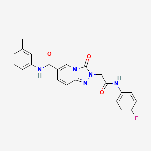 molecular formula C22H18FN5O3 B2470114 N-{[1-(3-chlorobenzyl)piperidin-4-yl]methyl}-2-(1,3-dimethyl-2,4-dioxo-1,2,3,4-tetrahydro-7H-pyrrolo[2,3-d]pyrimidin-7-yl)acetamide CAS No. 1226434-75-8