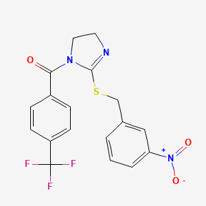 molecular formula C18H14F3N3O3S B2470129 (2-((3-nitrobenzyl)thio)-4,5-dihydro-1H-imidazol-1-yl)(4-(trifluoromethyl)phenyl)methanone CAS No. 851808-76-9