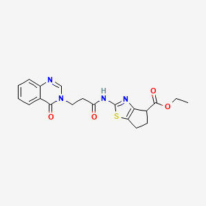 molecular formula C20H20N4O4S B2470208 2-(3-(4-氧代喹唑啉-3(4H)-基)丙酰胺)-5,6-二氢-4H-环戊[d]噻唑-4-羧酸乙酯 CAS No. 1207022-92-1
