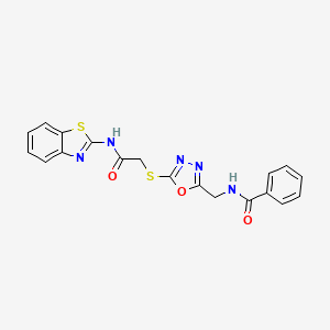 molecular formula C19H15N5O3S2 B2470266 N-((5-((2-(苯并[d]噻唑-2-ylamino)-2-氧代乙基)硫代)-1,3,4-恶二唑-2-基)甲基)苯甲酰胺 CAS No. 903345-25-5