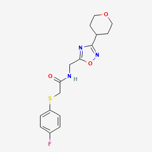 molecular formula C16H18FN3O3S B2470310 2-((4-氟苯基)硫代)-N-((3-(四氢-2H-吡喃-4-基)-1,2,4-恶二唑-5-基)甲基)乙酰胺 CAS No. 2034462-47-8