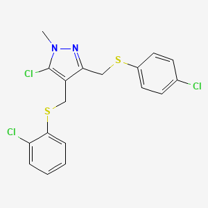 molecular formula C18H15Cl3N2S2 B2470326 （5-氯-3-{[(4-氯苯基)硫代]甲基}-1-甲基-1H-吡唑-4-基)甲基 2-氯苯基硫代 CAS No. 318234-34-3