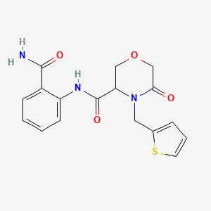 N-(2-carbamoylphenyl)-5-oxo-4-(thiophen-2-ylmethyl)morpholine-3-carboxamide