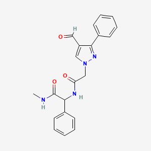 molecular formula C21H20N4O3 B2470408 2-[[2-(4-Formyl-3-phenylpyrazol-1-yl)acetyl]amino]-N-methyl-2-phenylacetamide CAS No. 2411193-32-1