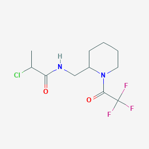 molecular formula C11H16ClF3N2O2 B2470411 2-Chloro-N-[[1-(2,2,2-trifluoroacetyl)piperidin-2-yl]methyl]propanamide CAS No. 2411264-72-5