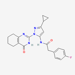 molecular formula C22H22FN5O2 B2470412 N-(3-环丙基-1-(4-氧代-3,4,5,6,7,8-六氢喹唑啉-2-基)-1H-吡唑-5-基)-2-(4-氟苯基)乙酰胺 CAS No. 1207019-93-9