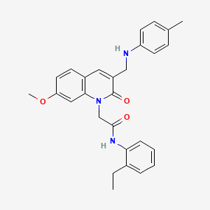 molecular formula C28H29N3O3 B2470422 N-(2-ethylphenyl)-2-(7-methoxy-2-oxo-3-((p-tolylamino)methyl)quinolin-1(2H)-yl)acetamide CAS No. 932470-28-5