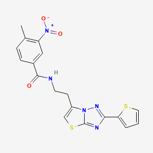 molecular formula C18H15N5O3S2 B2470498 4-メチル-3-ニトロ-N-(2-(2-(チオフェン-2-イル)チアゾロ[3,2-b][1,2,4]トリアゾール-6-イル)エチル)ベンゾアミド CAS No. 897612-49-6