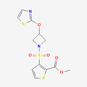 molecular formula C12H12N2O5S3 B2470499 Methyl 3-((3-(thiazol-2-yloxy)azetidin-1-yl)sulfonyl)thiophene-2-carboxylate CAS No. 1705502-30-2