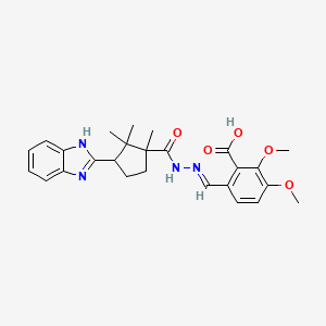molecular formula C26H30N4O5 B2470524 (E)-6-((2-(3-(1H-benzo[d]imidazol-2-yl)-1,2,2-trimethylcyclopentanecarbonyl)hydrazono)methyl)-2,3-dimethoxybenzoic acid CAS No. 423752-00-5