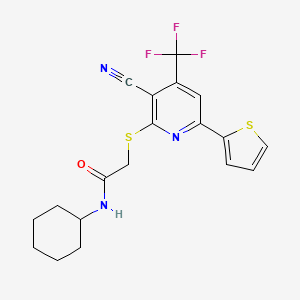 molecular formula C19H18F3N3OS2 B2470533 2-((3-cyano-6-(thiophen-2-yl)-4-(trifluoromethyl)pyridin-2-yl)thio)-N-cyclohexylacetamide CAS No. 905786-95-0